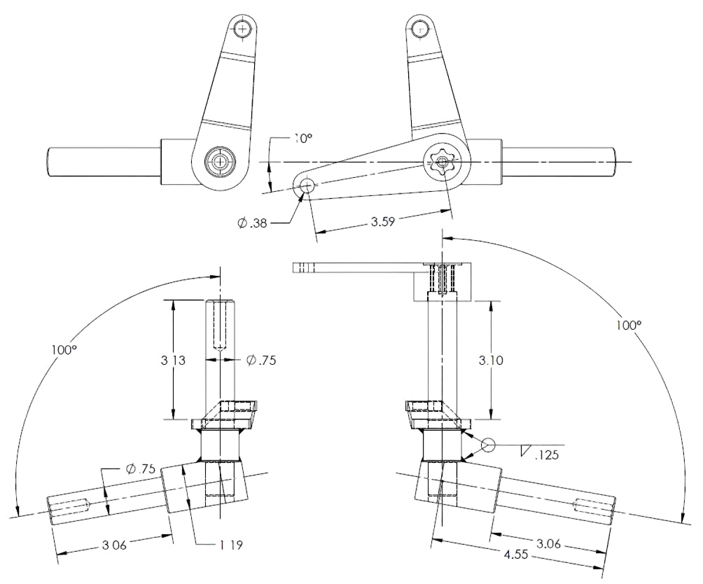 Technical drawing of a mechanical component with dimensions and angles