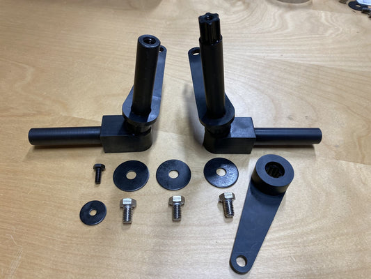 A complete black-oxide MF1025 set: two knuckles, drag arm, washers and cap screws